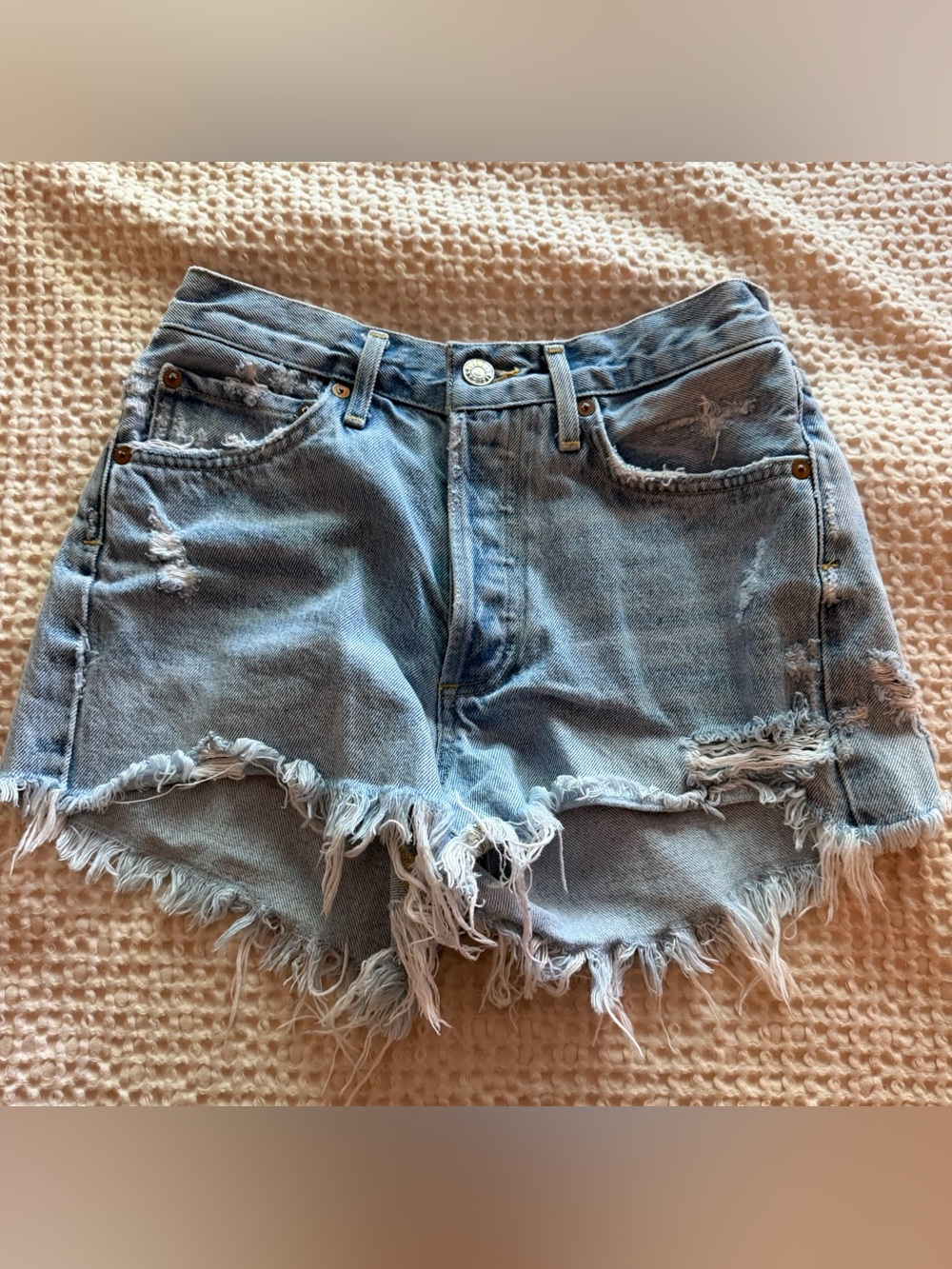 AGOLDE Light Blue Distressed Frayed Hem Denim Shorts